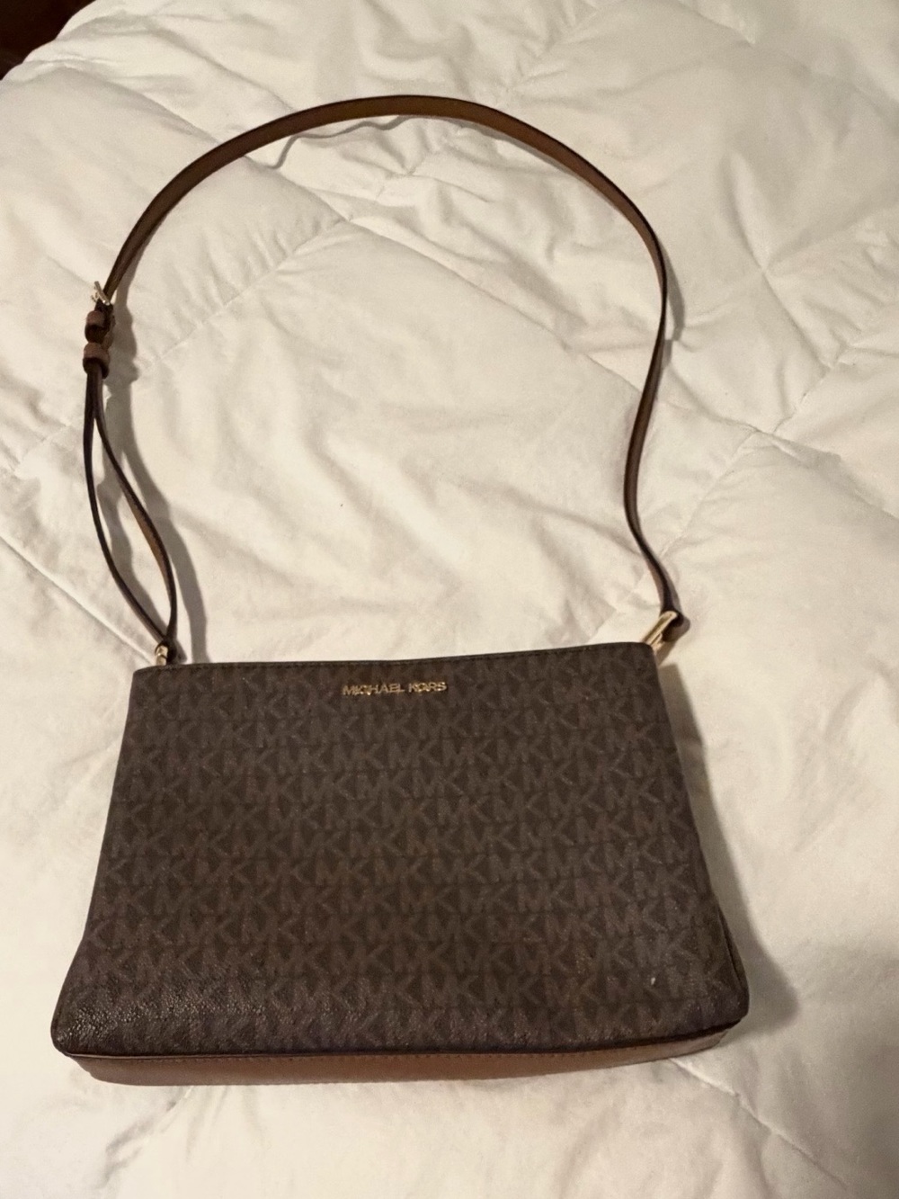 Michael Kors Brown MK Signature Crossbody Bag with Gold Logo